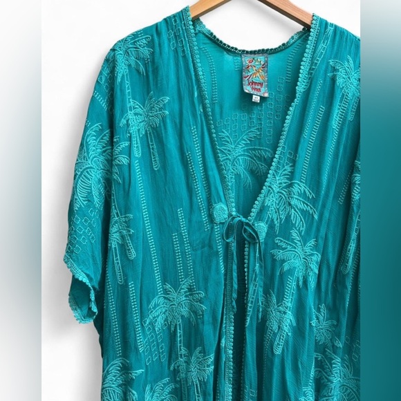Johnny Was Palm Georgia Kimono Turquoise Teal Embroidered Long duster Jacket O/S - Picture 7 of 8